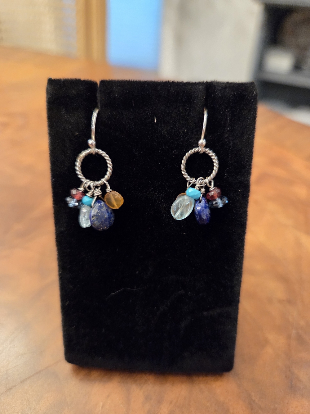 Handmade Multigem Dangle Hoop Earrings in Blue and Turquoise